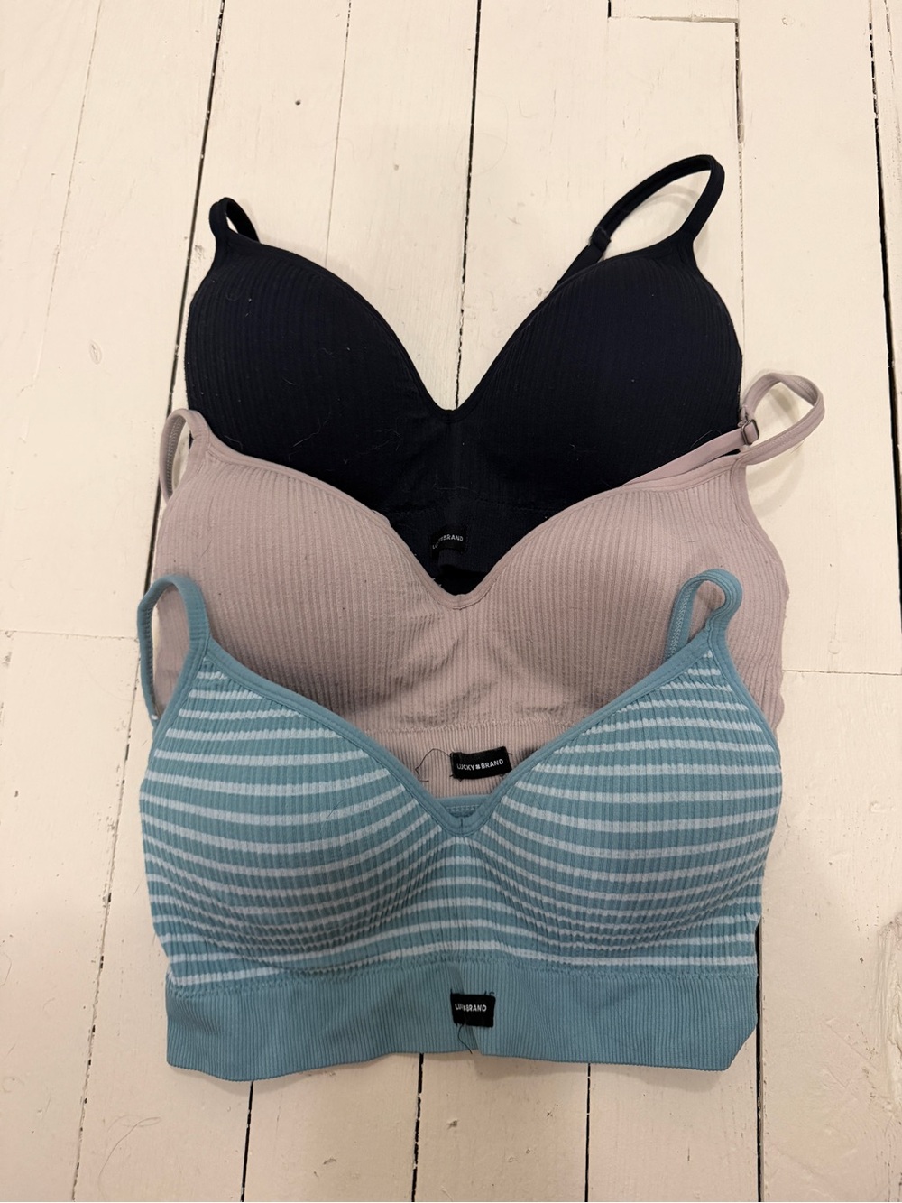 Lucky Brand Seamless Ribbed Bralette Trio - Black, Taupe, Blue Stripe
